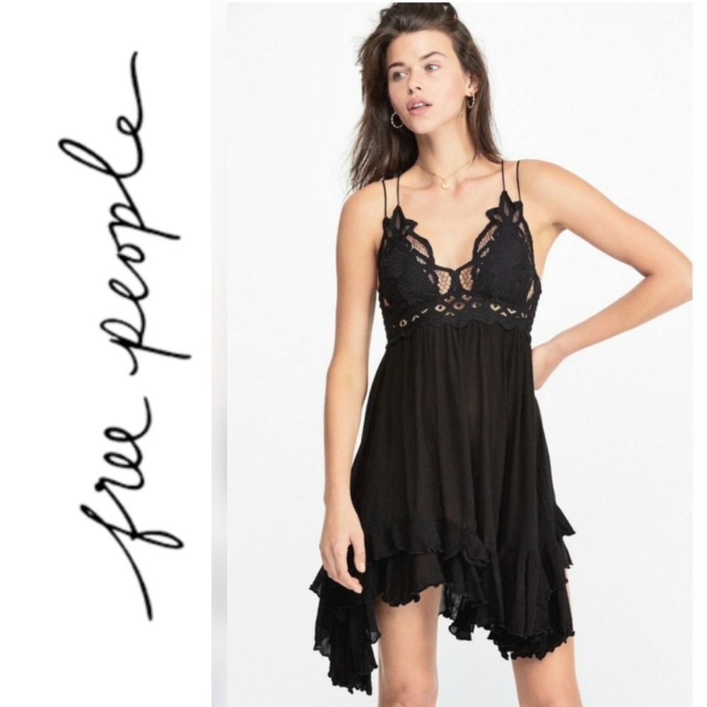 Free People FP One Black Crochet Lace Slip Adjustable crisscross Straps Dress S
